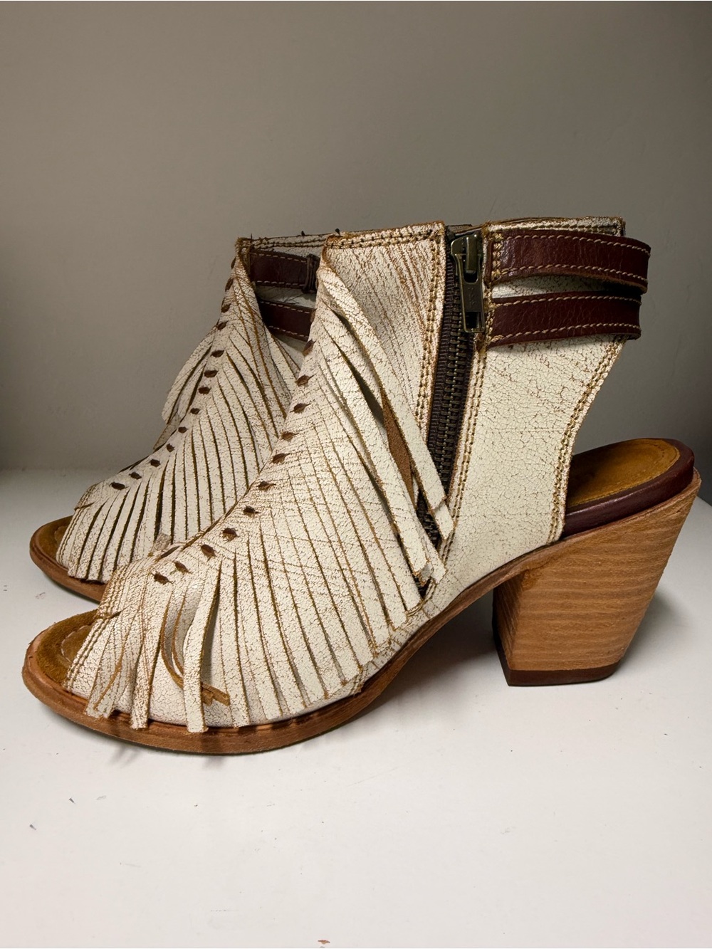 LIBERTY Black Cream Fringe Peep-Toe Block Heel Sandals